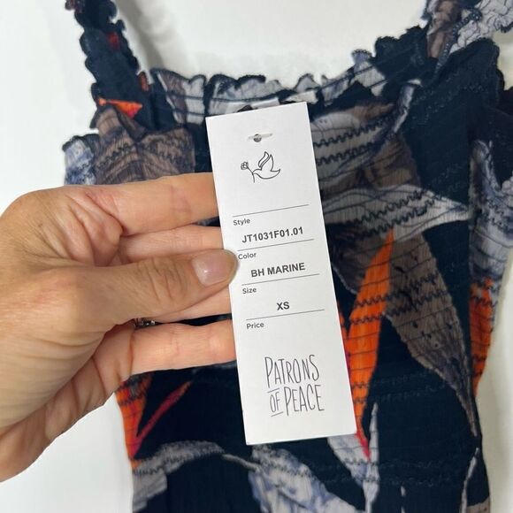 Patrons of Peace Blue Marine Tropical Flocked Tank Top Elastic Shirring NWT! - Picture 4 of 8